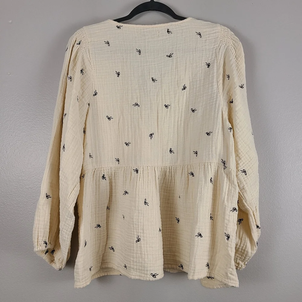 Madewell Cream Cotton Long Sleeve Bow Print Coquette Classic Peplum Top XL